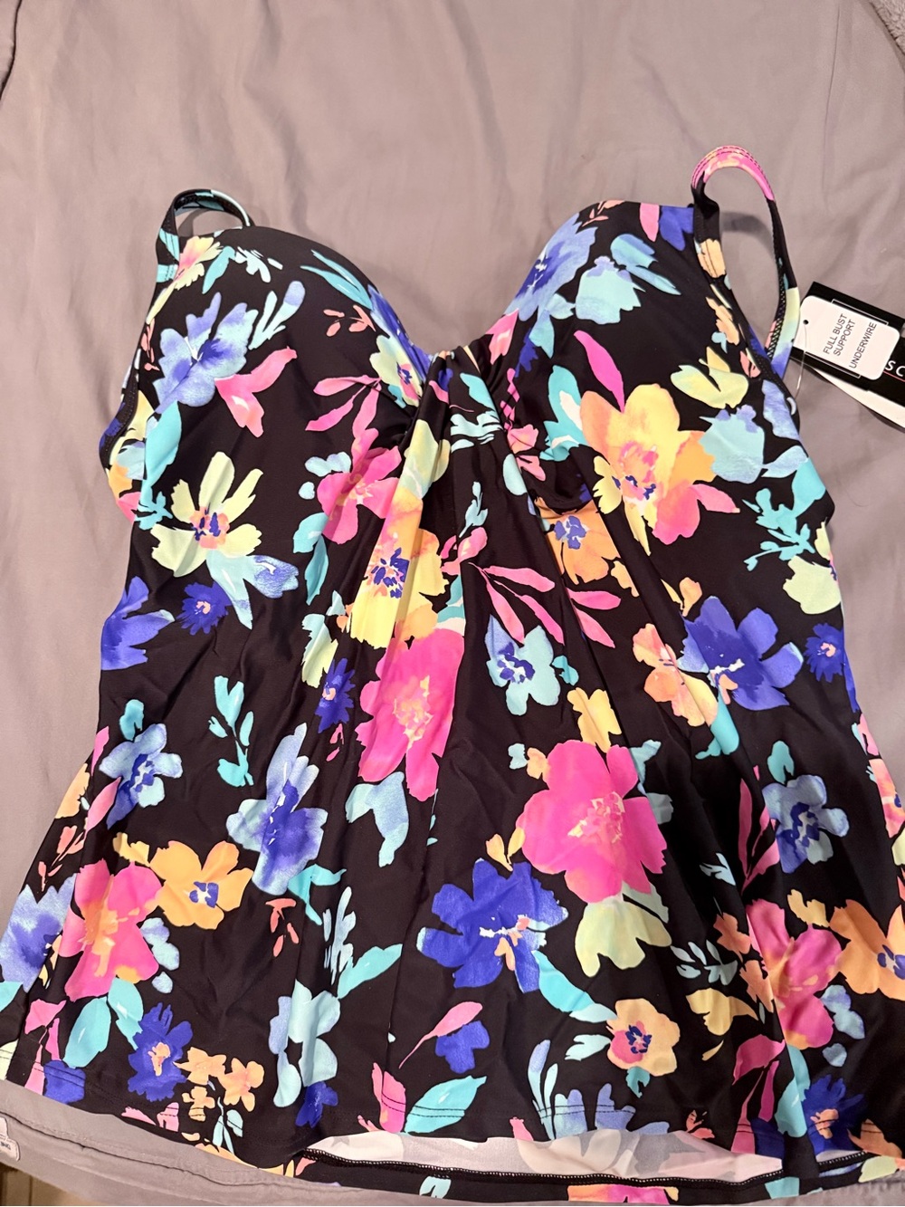 Macy's Black Floral One-Piece Swim Tank with Bright Pink, Blue & Yellow Flowers